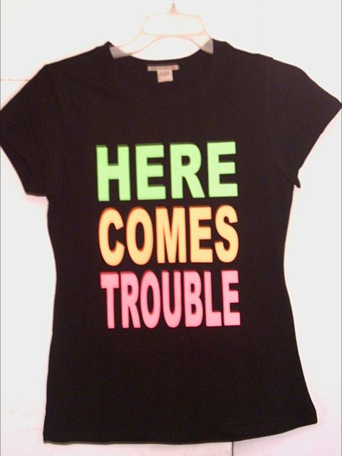 6 Pcs Ladies Neon Print Baby Doll T shirts HERE COMES TROUBLE